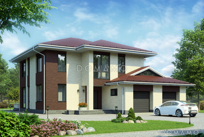 Проект двухэтажного дома по технологии ЛСТК с окнами в пол в гостиной