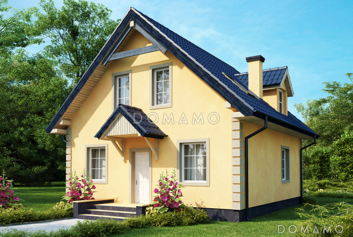 Проект загородного дома простой формы с балконом, террасой с выходом из гостиной, изолированной кухней