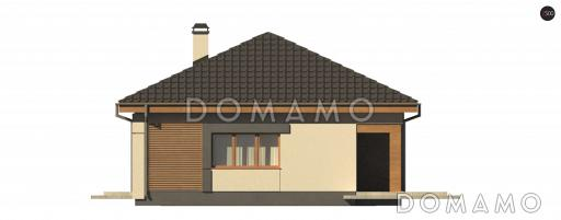 Проект одноэтажного дома из кирпича с тремя спальнями и небольшой крытой угловой террасой, увеличенная версия 273 с гаражом / Фасад 3