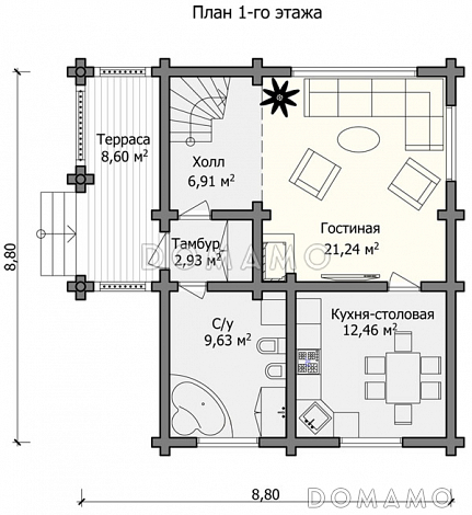 Проект небольшого дома, который очень хорошо подойдет для проживания небольшой семьи / План 1 этажа