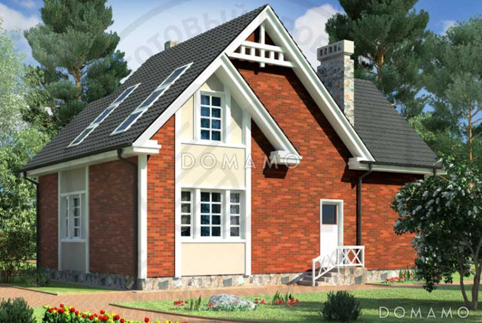 Проект дома с гаражом, мансардными и круглыми окнами, тремя спальными на мансардном этаже