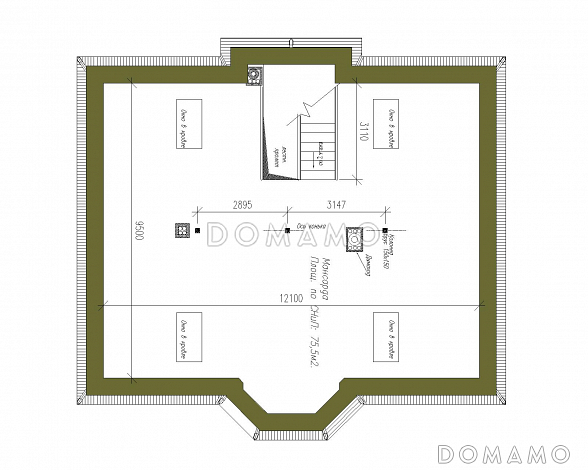 Проект двухэтажного коттеджа из СИП панелей с четырехскатной кровлей / План мансардного этажа
