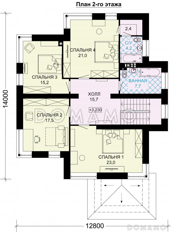 Проект загородного дома из СИП панелей с четырьмя спальными комнатами и гаражом для одного автомобиля / План 2 этажа