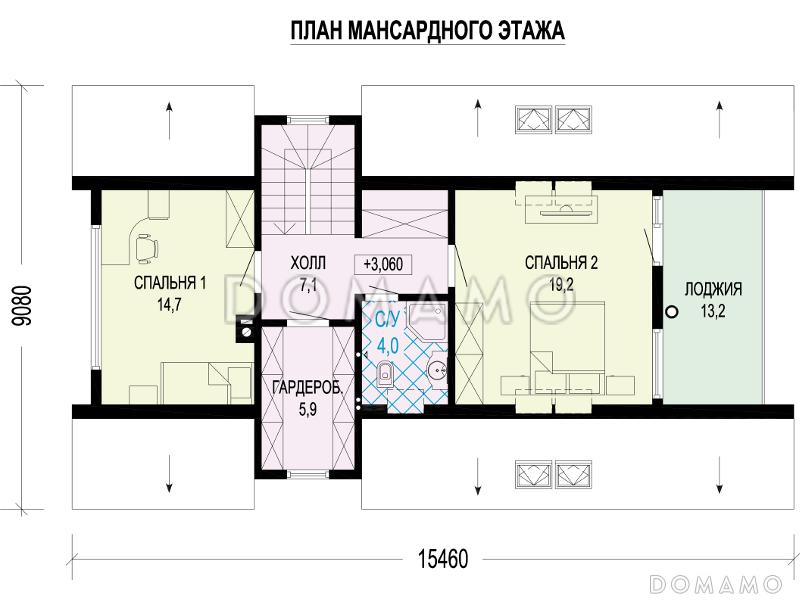 Проект каркасного загородного А-образного дома с террасой, лоджией / План мансардного этажа
