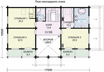 Проект особняка из бруса с цокольным этажем, тренажерным залом и панорамнымии окнами / План мансардного этажа