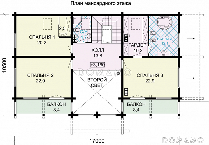Проект особняка из бруса с цокольным этажем, тренажерным залом и панорамнымии окнами / План мансардного этажа