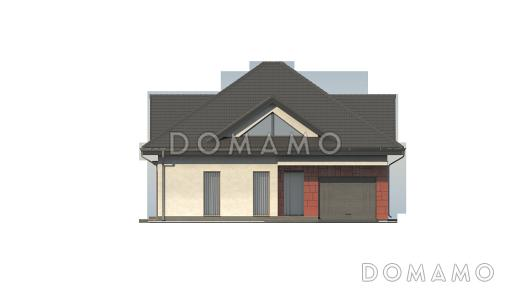 Проект одноэтажного мансардного коттеджа из газобетона с большой площадью остекления в гостиной, кабинетом и гаражом / Фасад 2