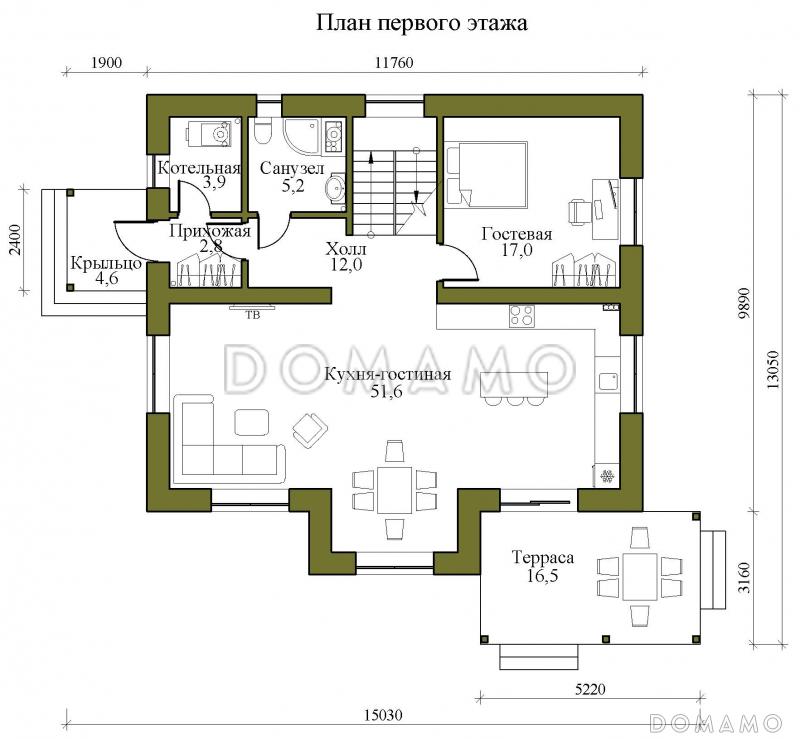 Проект двухэтажного газобетонного дома со вторым светом и детской на втором этаже / План 1 этажа