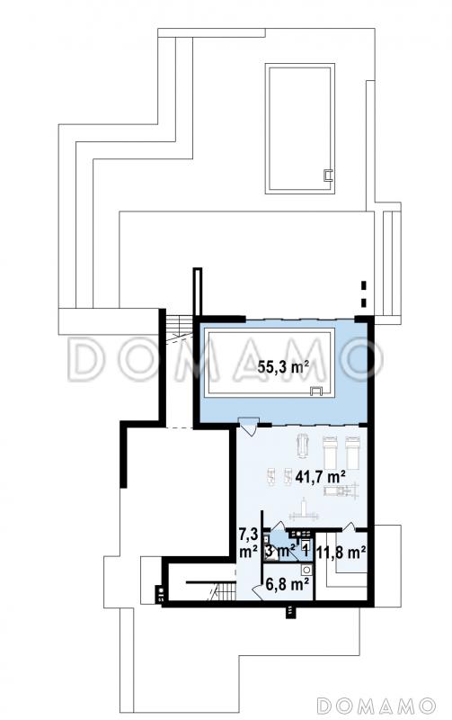 Проект красивого просторного двухэтажного коттеджа из кирпича с бассейном на цокольном этаже / План цокольного этажа