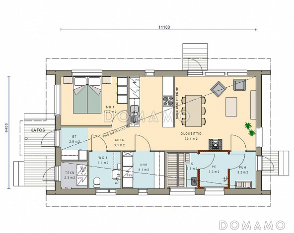 Проект каркасного небольшого дома с сауной / План 1 этажа