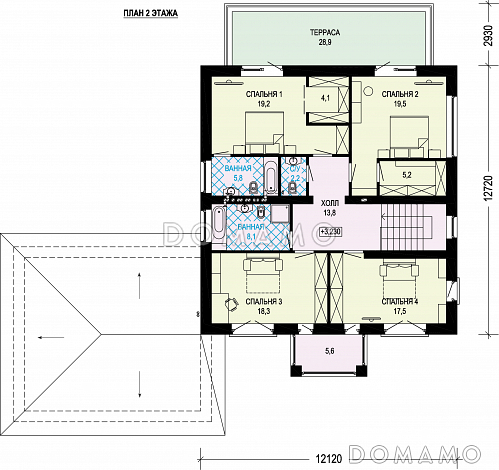 Проект кирпичного двухэтажного особняка с двойным гаражом / План 2 этажа