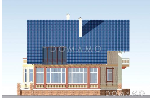 Проект одноэтажного коттеджа с цокольным и мансардным этажами, с зимним садом и вторым светом / Фасад 2