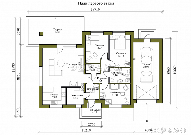 Проект одноэтажного дома с пристроенным гаражом и крытой террасой / План 1 этажа