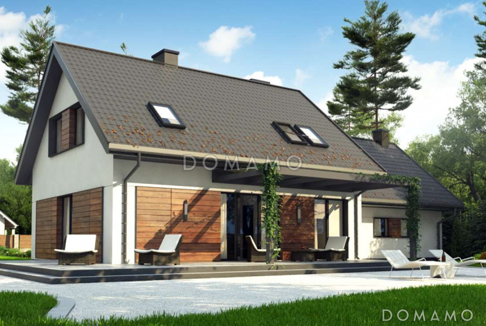 Проект комфортного одноэтажного мансардного дома из газобетона с кабинетом, гаражом и тремя спальнями