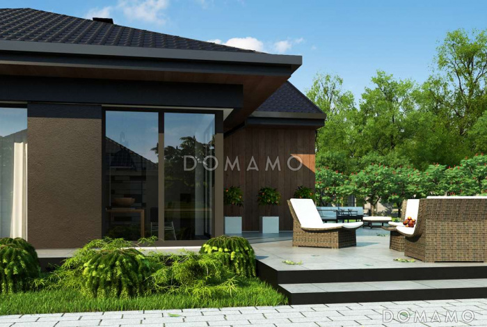 Проект комфортного одноэтажного дома из кирпича с отделённой зоной сна, гостевой комнатой и гаражом