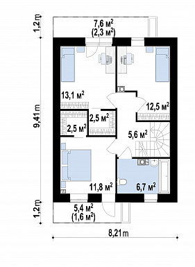 Проект дома с небольшой комнатой на первом этаже, кухней с окном, террасой, балконами / План 2 этажа