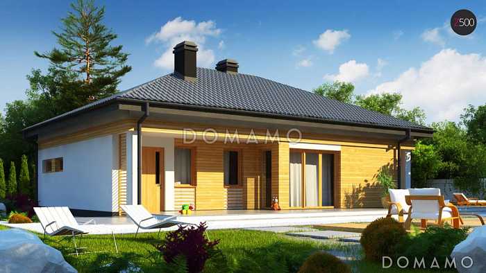 Проект одноэтажного дома из кирпича с дневной зоной в тыльной части дома и выходом на большую террасу и гаражом на один автомобиль