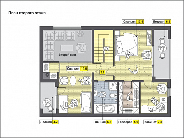 Проект загородного дома с открытой террасой, небольшой кухонной зоной, вторым светом, балконом и лоджией / План мансардного этажа