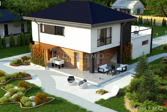 Проект современного двухэтажного коттеджа из кирпича с дополнительной комнатой на первом этаже и большим гаражом и террасой над ним 