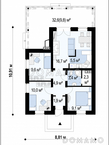 Проект компактного одноэтажного дома из газобетона с барбекю на большой террасе / План 1 этажа