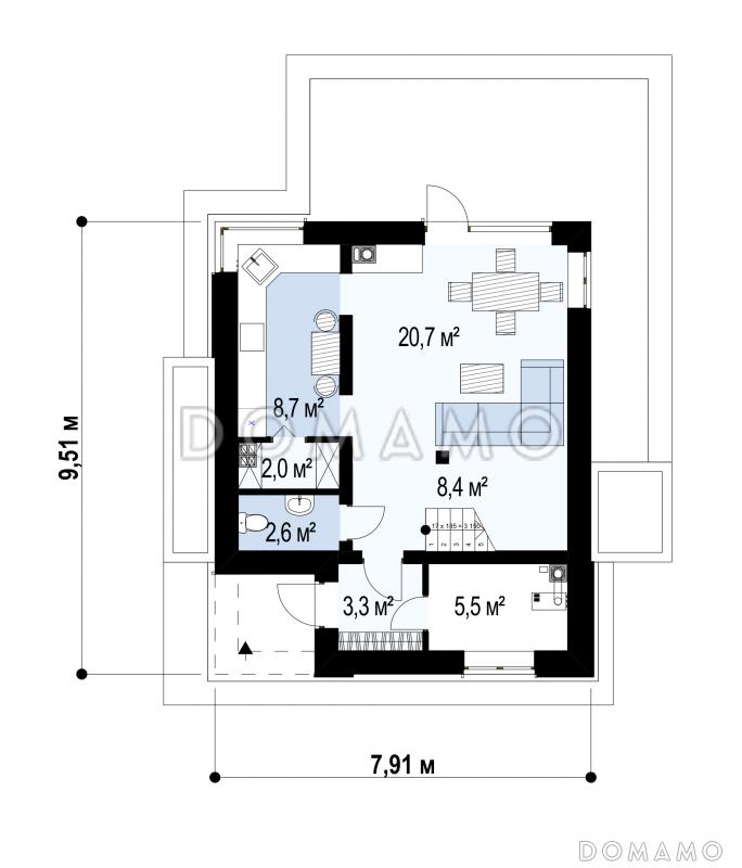 Проект двухэтажного дома из газобетона с дневной зоной на первом этаже и тремя спальнями на втором / План 1 этажа
