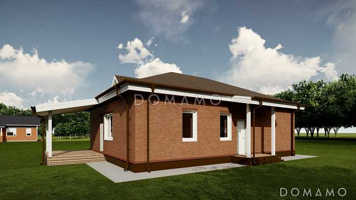 Проект дома с тремя спальнями, кухней-гостиной, большой прихожей и котельной