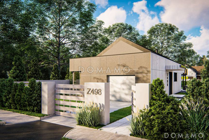 Проект одноэтажного дома небольшой площади с гаражом, двумя спальнями с большими окнами