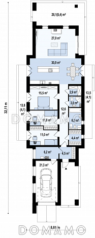 Проект современного одноэтажного дома из кирпича для узкого участка с плоской крышей с тремя спальнями и гаражом / План 1 этажа