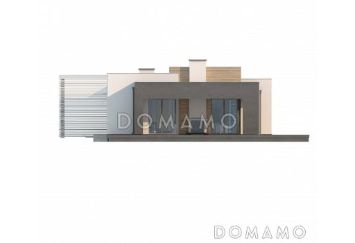 Проект одноэтажного дома из газобетона с плоской крышей, большой площадью остекления и крытой террасой, увеличенная версия / Фасад 2