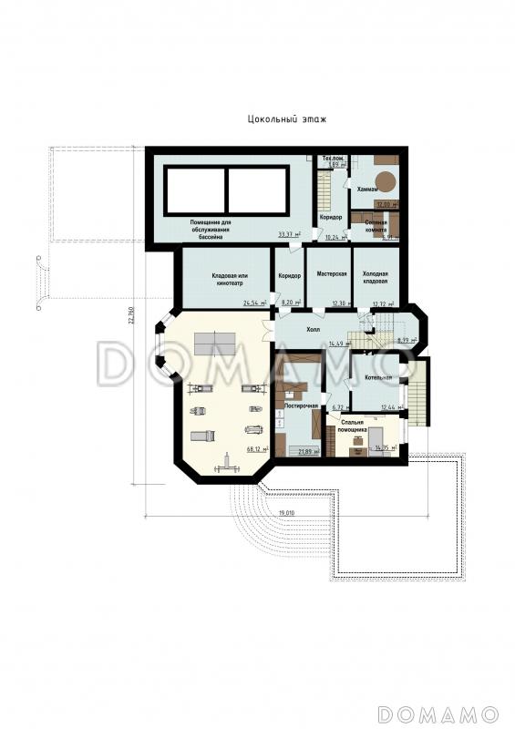Проект дома со спортзалом, бассейном, бильярдной, просторной обеденной зоной, террасами, гаражом / План цокольного этажа