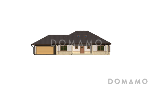 Проект одноэтажного дома из кирпича с мансардой и балконом и гаражом на два автомобиля / Фасад 1