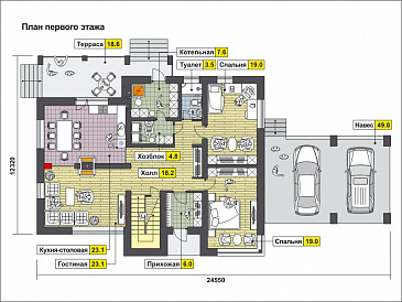 Проект загородного дома с навесом на две машины, двумя спальнями на первом этаже, террасой, вторым светом / План 1 этажа
