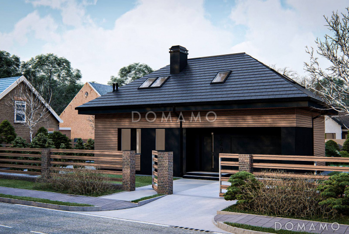 Проект загородного дома с мансардой, гаражом, санузлом на первом этаже, просторной дневной зоной