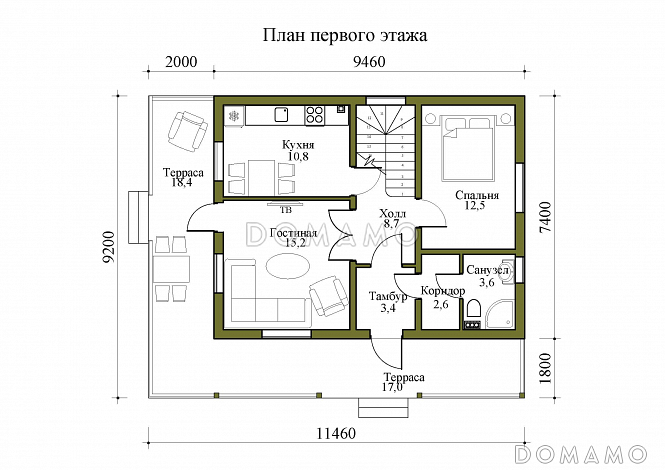 Проект двухэтажного дома с крытой и открытой террасами / План 1 этажа