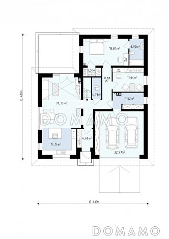Проект просторного одноэтажного мансардного дома из газобетона с кабинетом, спальнями на обоих этаж и гаражом на два автомобиля  / План 1 этажа