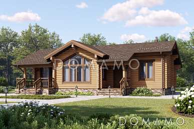 Проект бревенчатого дома с одной спальней, кухней-столовой и просторной гостиной с камином