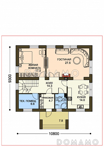 Проект двухцветного коттеджа из SIP с двумя гардеробными и большим крыльцом / План 1 этажа