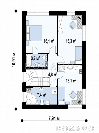 Проект загородного двухэтажного дома с террасой, кладовой, гостиной с камином / План 2 этажа