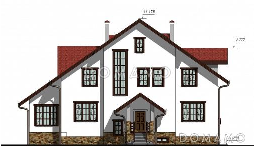 Проект двухэтажного дома с цокольным и мансардным этажами, с сауной и зимним садом / Фасад 2