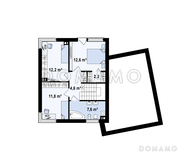 Проект двухэтажного дома из газобетона в стиле кубизм со спальной зоной на втором этаже и с гаражом / План 2 этажа