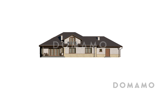 Проект одноэтажного дома из кирпича с мансардой и балконом и гаражом на два автомобиля / Фасад 2