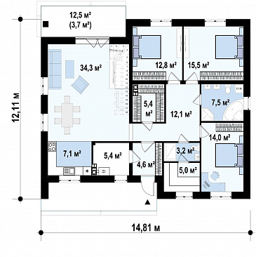 Проект современного дома с мансардным этажом, кладовой, душевой и сауной / План 1 этажа