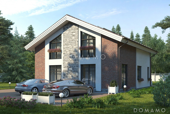 Проект двухэтажного каркасного дома с крытой террасой, сауной и балконом