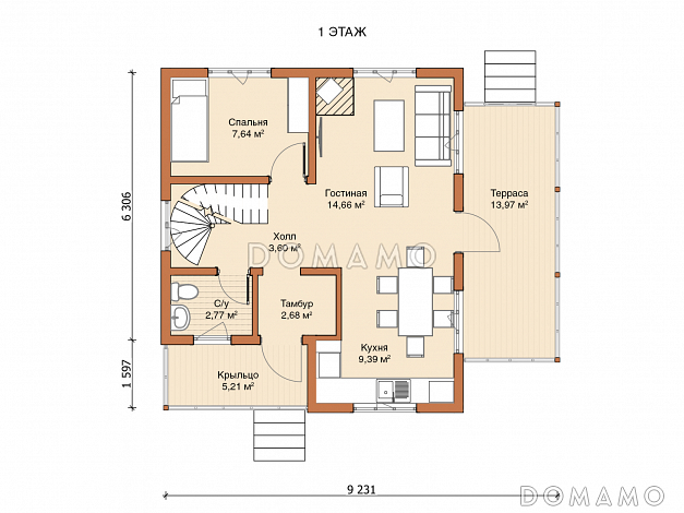 Двухэтажный дом «Гамма» (102 м2) / План 1 этажа