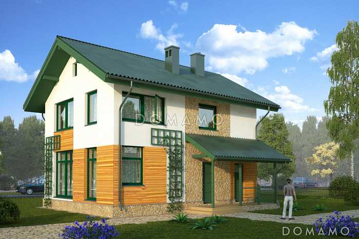 Проект компактного двухэтажного коттеджа с облицовкой входного фасада камнем