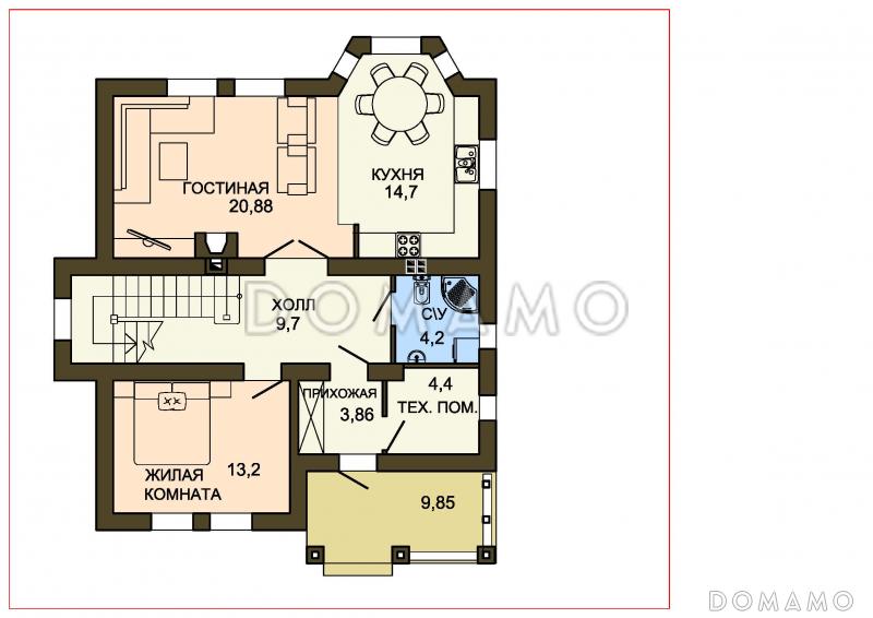 Проект облицованного кирпичом дома с панорамным эркером в кухне / План 1 этажа