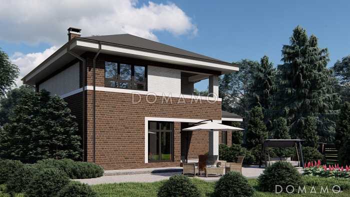 Проект двухэтажного дома с большим санузлом на первом этаже, кабинетом, гаражом на один автомобиль, балконом