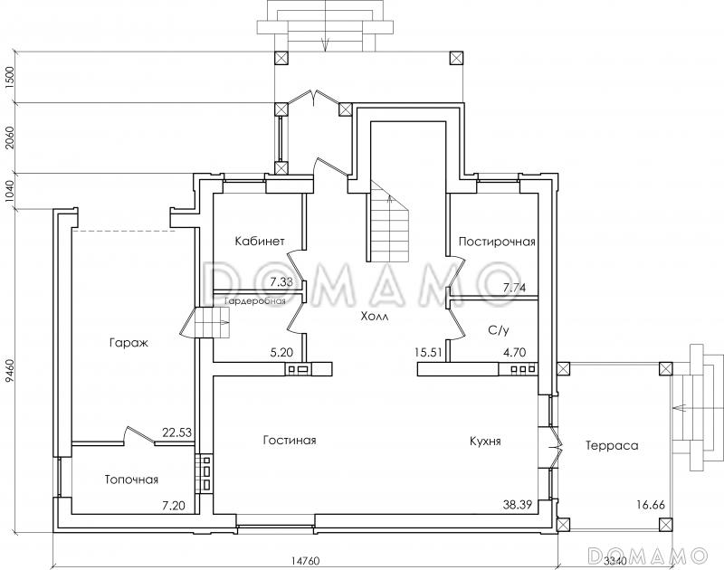 Проект двухэтажного дома с пристроенным гаражом, террасой и крыльцом / План 1 этажа
