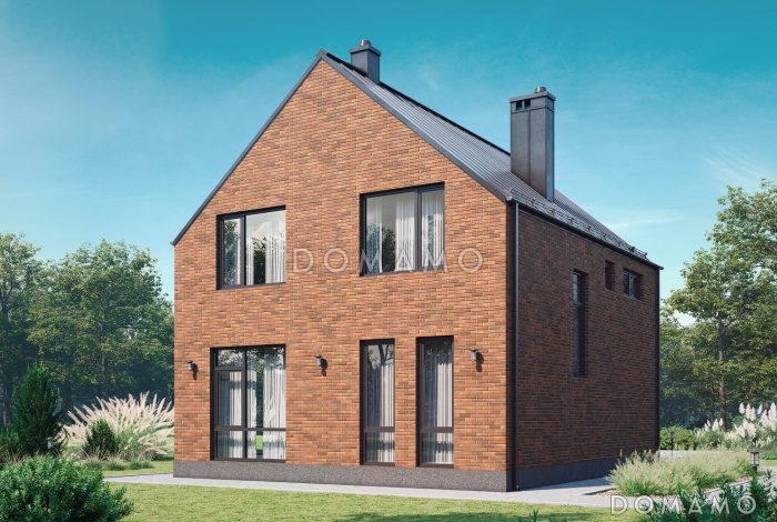 Проект загородного дома с тремя санузлами, гостиной с камином, кладовой у крыльца