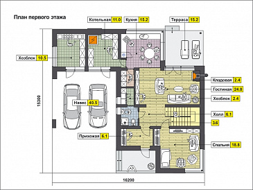 Проект дома из СИП панелей с навесом на две машины, крытой террасой, спальней на первом этаже, балконом / План 1 этажа
